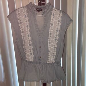 Blue Jean Peplum Blouse with Mandarin Collar and lace decor